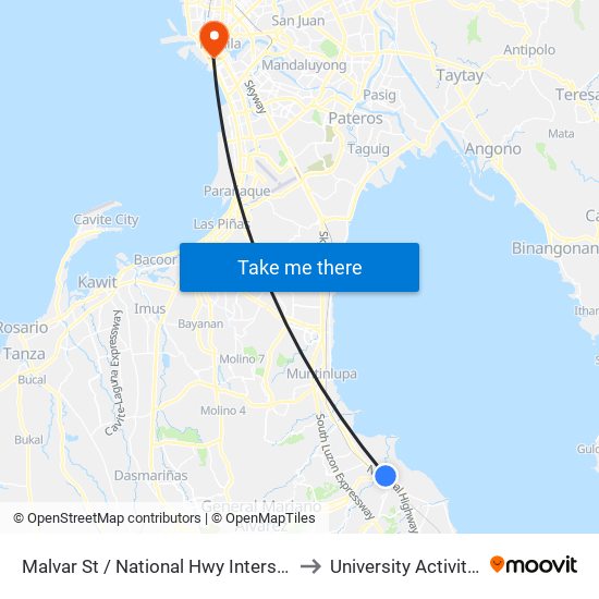Malvar St / National Hwy Intersection, Biñan City, Manila to University Activity Center - PLM map