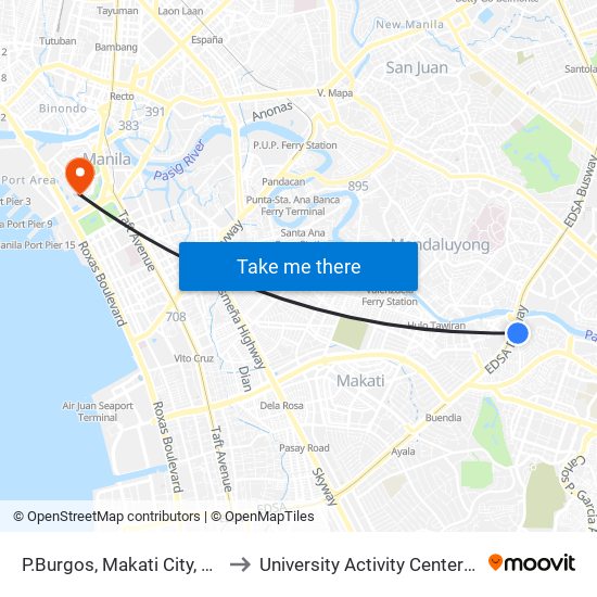 P.Burgos, Makati City, Manila to University Activity Center - PLM map