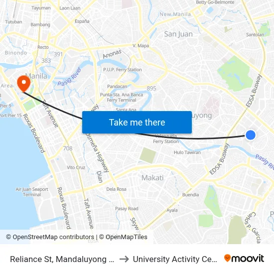 Reliance St, Mandaluyong City, Manila to University Activity Center - PLM map