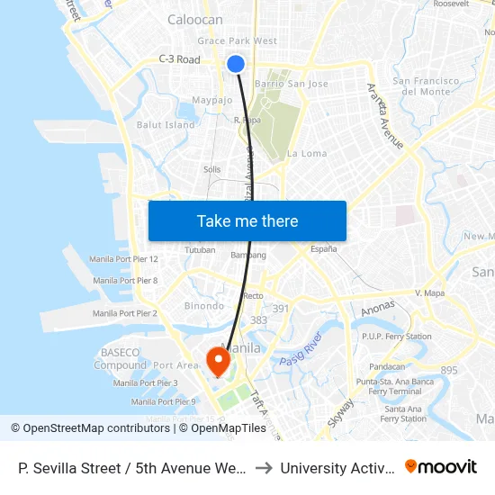 P. Sevilla Street / 5th Avenue West Intersection, Caloocan City to University Activity Center - PLM map