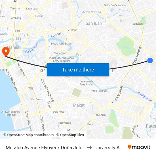 Meralco Avenue Flyover / Doña Julia Vargas Ave Intersection, Pasig City, Manila to University Activity Center - PLM map