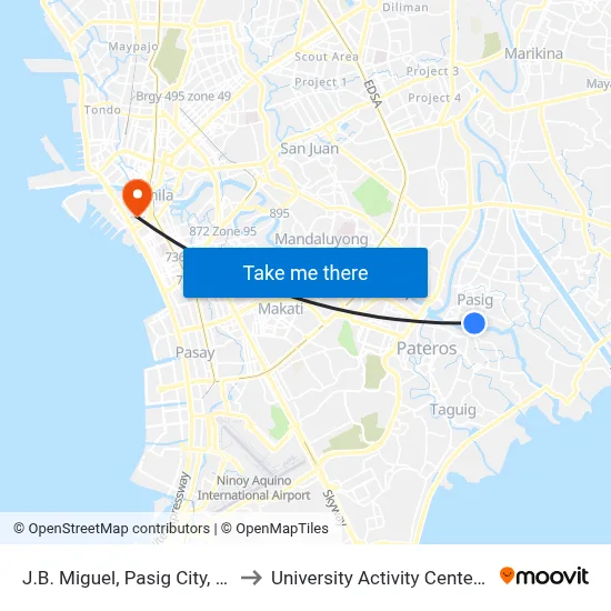 J.B. Miguel, Pasig City, Manila to University Activity Center - PLM map