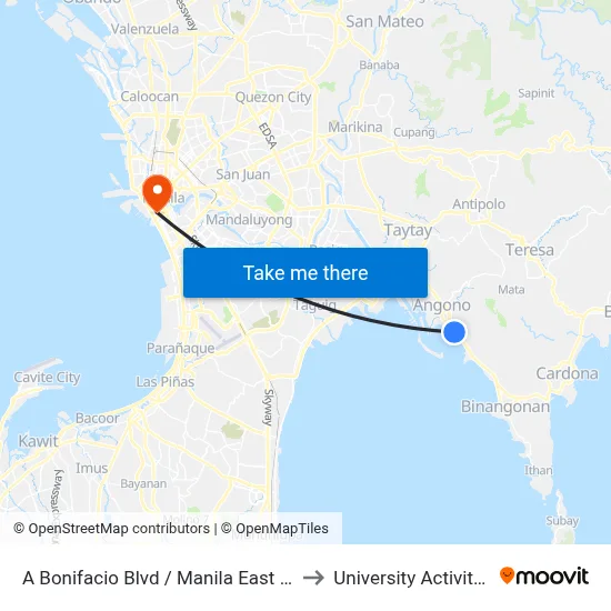 A Bonifacio Blvd / Manila East Rd, Binangonan, Manila to University Activity Center - PLM map