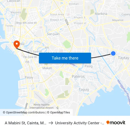A Mabini St, Cainta, Manila to University Activity Center - PLM map