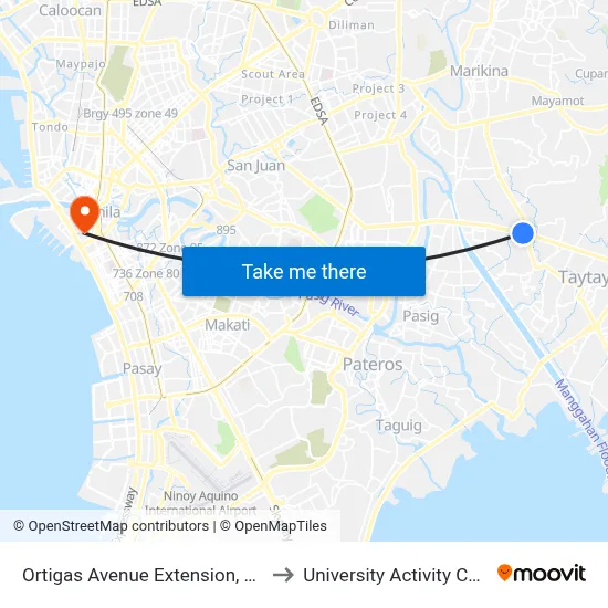 Ortigas Avenue Extension, Cainta, Manila to University Activity Center - PLM map