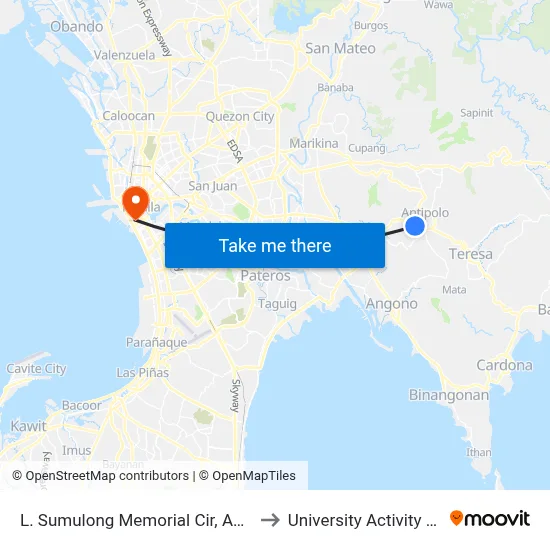L. Sumulong Memorial Cir, Antipolo City, Manila to University Activity Center - PLM map