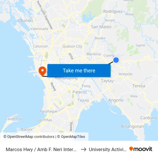 Marcos Hwy / Amb F. Neri Intersection, Antipolo City, Manila to University Activity Center - PLM map
