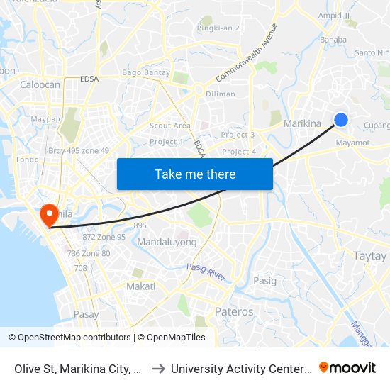 Olive St, Marikina City, Manila to University Activity Center - PLM map