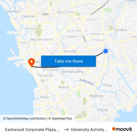 Eastwood Corporate Plaza, Pasig City, Manila to University Activity Center - PLM map