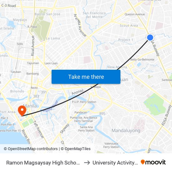 Ramon Magsaysay High School, Quezon City, Manila to University Activity Center - PLM map