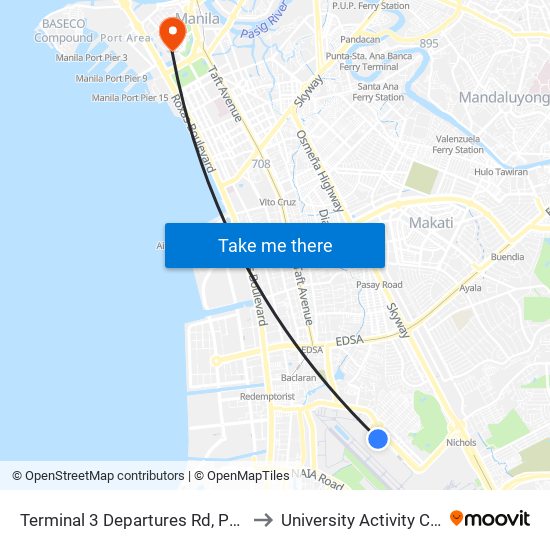 Terminal 3 Departures Rd, Pasay City, Manila to University Activity Center - PLM map