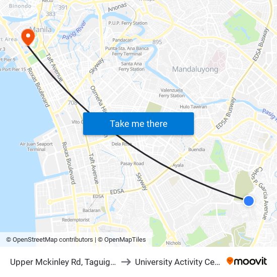 Upper Mckinley Rd, Taguig City, Manila to University Activity Center - PLM map