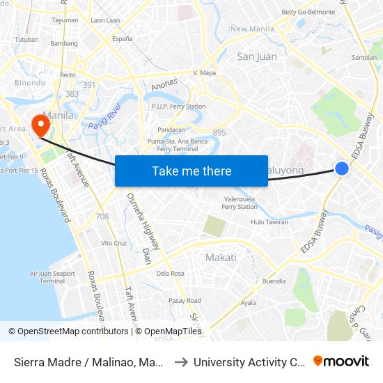 Sierra Madre / Malinao, Makati City, Manila to University Activity Center - PLM map