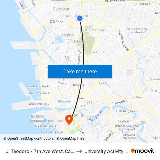 J. Teodoro / 7th Ave West, Caloocan City, Manila to University Activity Center - PLM map
