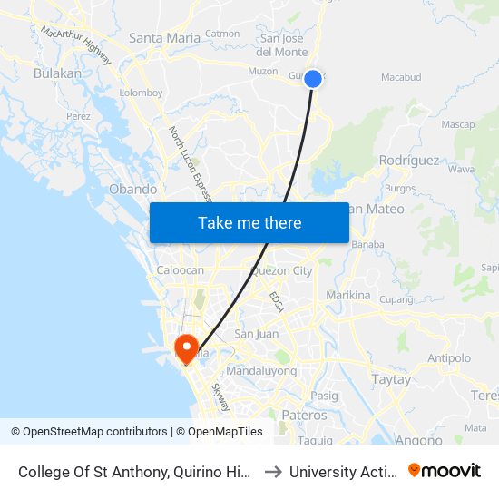 College Of St Anthony, Quirino Highway, City Of San Jose Del Monte to University Activity Center - PLM map