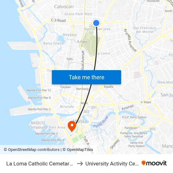 La Loma Catholic Cemetary, Manila City to University Activity Center - PLM map