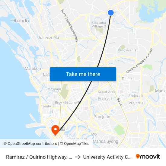 Ramirez / Quirino Highway, Caloocan City to University Activity Center - PLM map