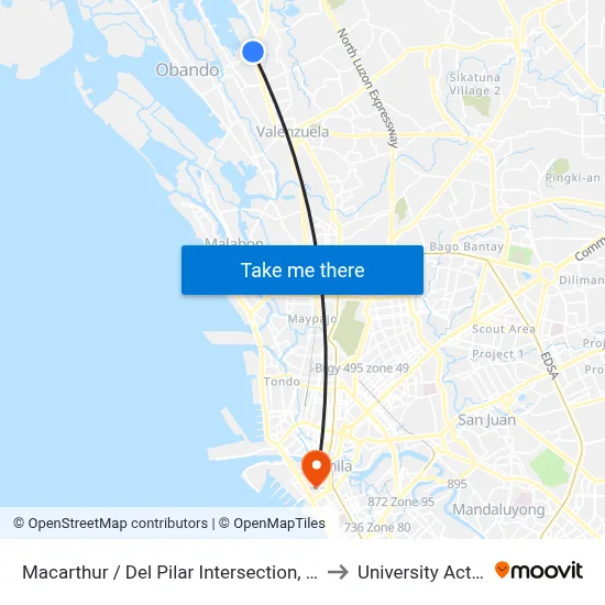 Macarthur / Del Pilar Intersection, Malanday, Valenzuela City, Philippines to University Activity Center - PLM map