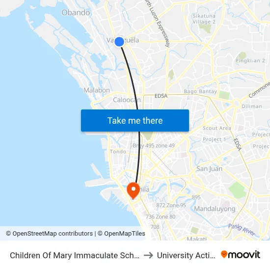 Children Of Mary Immaculate School, Maysan Road, Valenzuela City to University Activity Center - PLM map