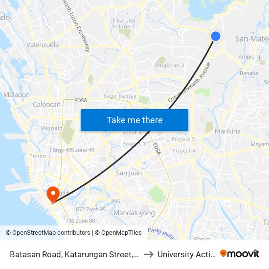 Batasan Road, Katarungan Street, Manila Gravel Pit Road, Quezon City to University Activity Center - PLM map