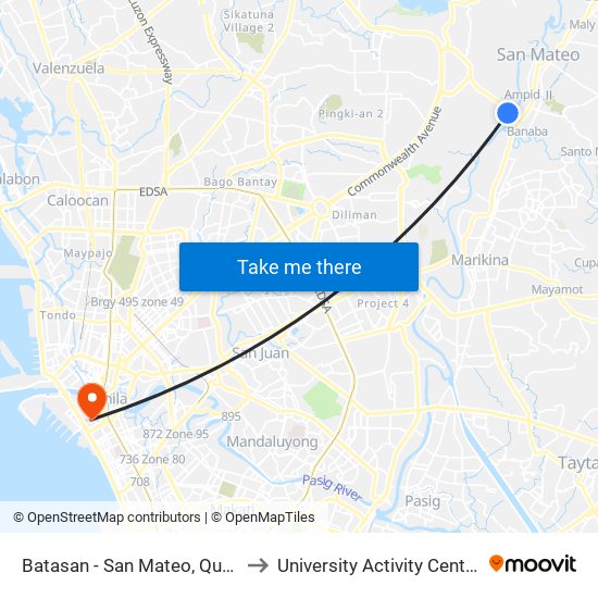 Batasan - San Mateo, Quezon City to University Activity Center - PLM map