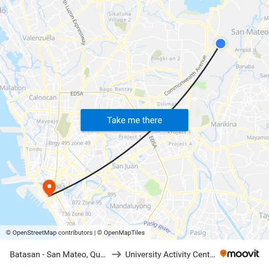 Batasan - San Mateo, Quezon City to University Activity Center - PLM map