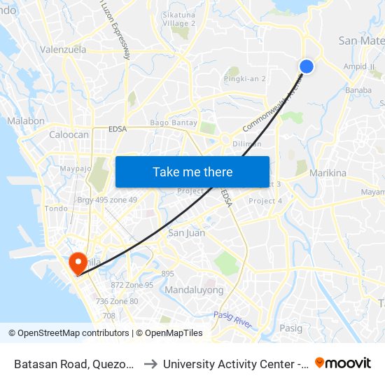 Batasan Road, Quezon City to University Activity Center - PLM map