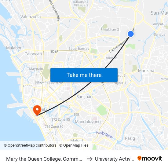 Mary the Queen College, Commonwealth Avenue, Quezon City to University Activity Center - PLM map