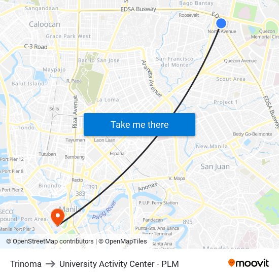 Trinoma to University Activity Center - PLM map
