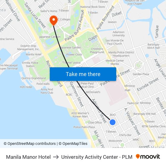 Manila Manor Hotel to University Activity Center - PLM map