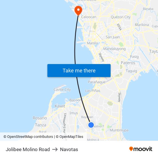 Jolibee Molino Road to Navotas map