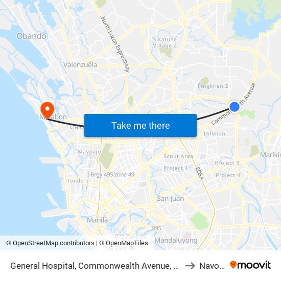 General Hospital, Commonwealth Avenue, Quezon City to Navotas map
