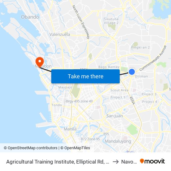 Agricultural Training Institute, Elliptical Rd, Quezon City to Navotas map
