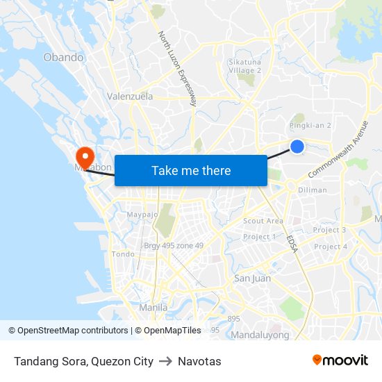 Tandang Sora, Quezon City to Navotas map