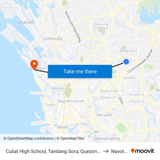 Culiat High School, Tandang Sora, Quezon City to Navotas map