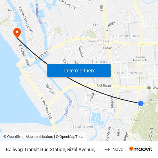 Baliwag Transit Bus Station, Rizal Avenue, Caloocan City to Navotas map
