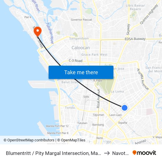 Blumentritt / Pity Margal Intersection, Manila to Navotas map