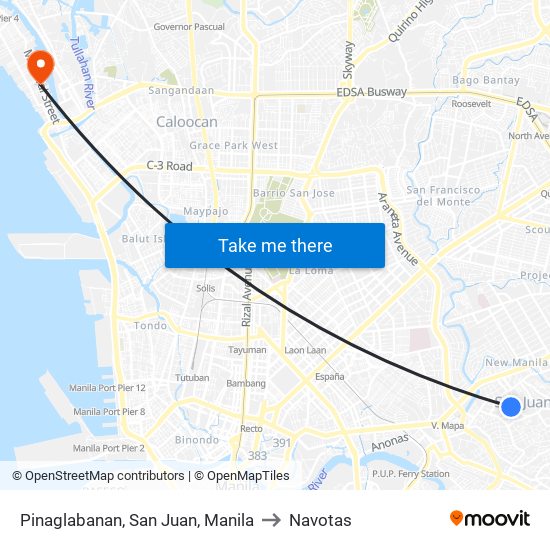 Pinaglabanan, San Juan, Manila to Navotas map