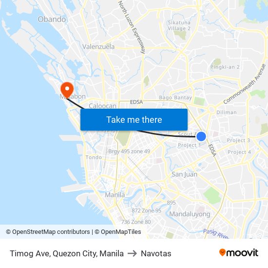 Timog Ave, Quezon City, Manila to Navotas map