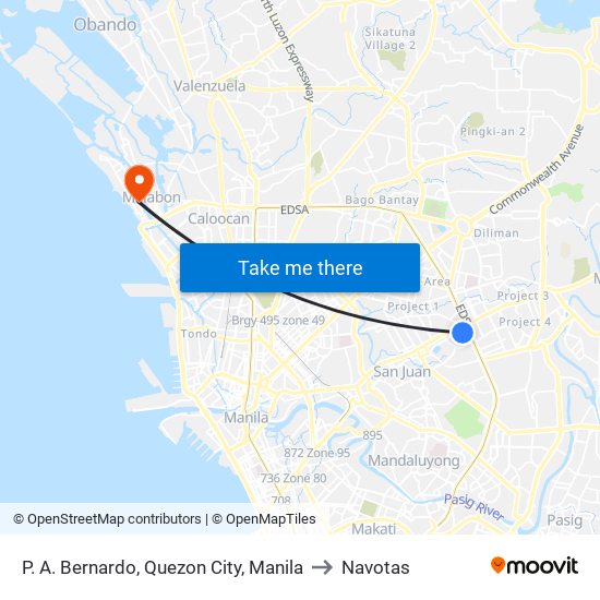 P. A. Bernardo, Quezon City, Manila to Navotas map