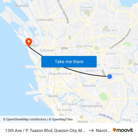 13th Ave / P. Tuazon Blvd, Quezon City, Manila to Navotas map