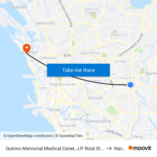 Quirino Memorial Medical Cener, J.P. Rizal Street, Quezon City, Manila to Navotas map