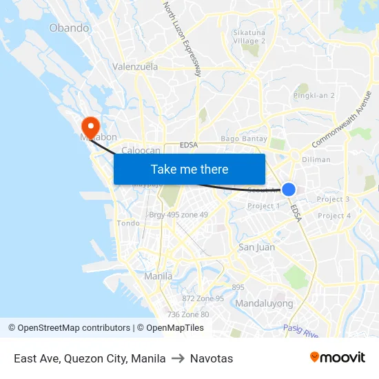 East Ave, Quezon City, Manila to Navotas map