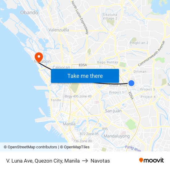 V. Luna Ave, Quezon City, Manila to Navotas map