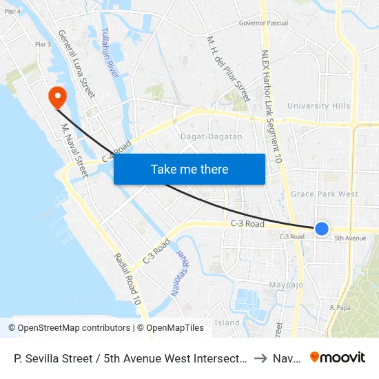 P. Sevilla Street / 5th Avenue West Intersection, Caloocan City to Navotas map