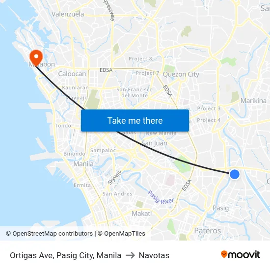 Ortigas Ave, Pasig City, Manila to Navotas map