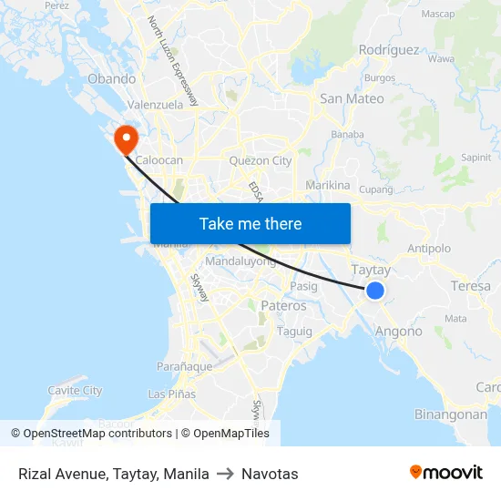 Rizal Avenue, Taytay, Manila to Navotas map