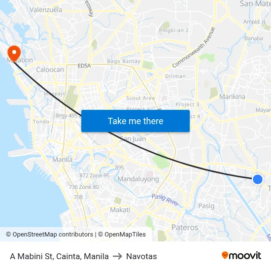 A Mabini St, Cainta, Manila to Navotas map