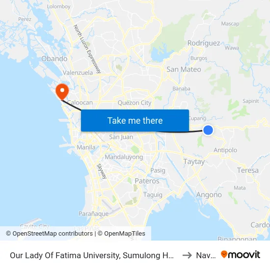 Our Lady Of Fatima University, Sumulong Hwy, Antipolo City, Manila to Navotas map