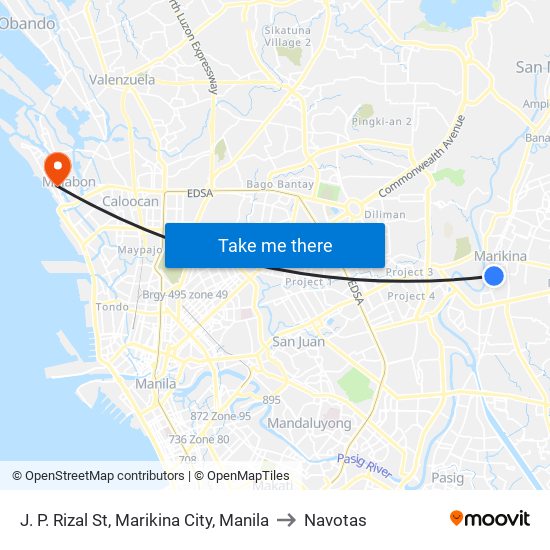 J. P. Rizal St, Marikina City, Manila to Navotas map